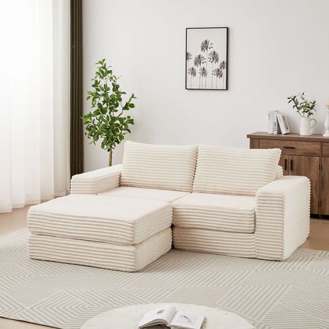 REDOM Divano angolare a L, 3 posti, divano letto, divano chaise longue, con pouf e 2 cuscini, in velluto a coste, beige