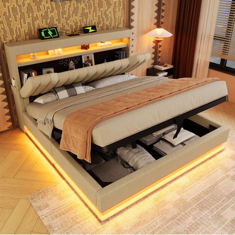 Bett 180x200 cm gepolstert in Leinen Beige mit Stauraum-Kopfteil, LED, USB und hydraulischem Bettkasten (1/5)