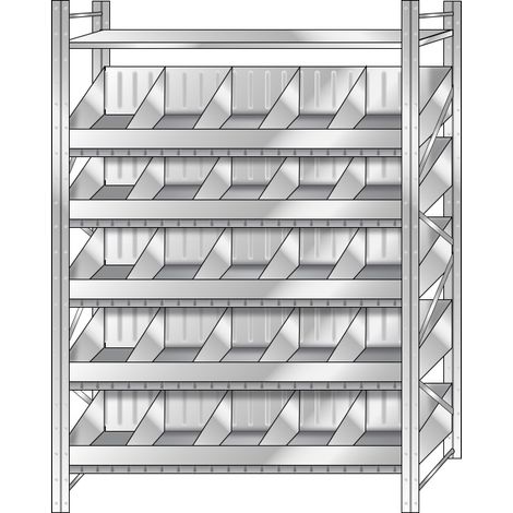 BRB Schüttgutregal 5 Ebenen, 20 Schüttfächer, 3 Fachböden, BxTxH 1590x525x2500 mm, glanzverzinkt