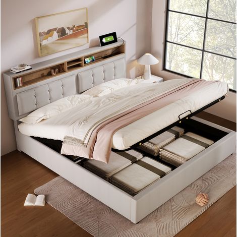 Bett mit Stauraum Leinen Hellbeige 140x200 cm, verstellbares Kopfteil, Ladestation und Lattenrost (1/5)