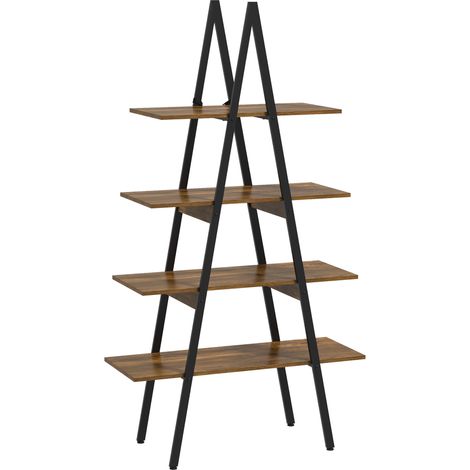 4-stöckiges Bücherregal im Industriestil mit Used-Look und A-förmigem Stahlgestell, 92 x 38,5 x 166 cm, Braun und Schwarz