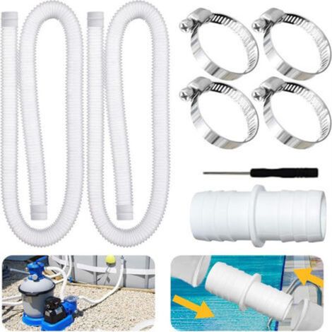 [NEVER USED] Set of 2 x 32mm Pool Hoses, with 4 Safety Clips and 1 Hose Connector, 150cm x 32mm Pool Hose, for Filtration Pump and Swimming Pool