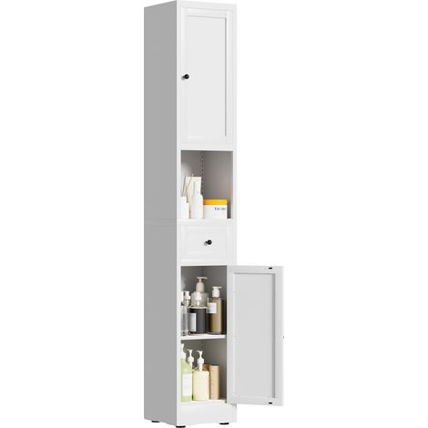 Meuble de rangement blanc pour salle de bain, étroit, en métal, avec 5 étagères, 2 portes et étagères réglables. Autoportant, gain de place pour la cuisine, la buanderie et le cellier. Dimensions : H (1/5)