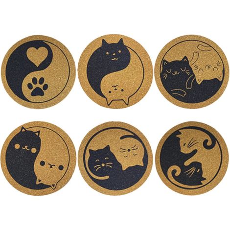 Dessous de verre ronds en liège à motif chat (95 g), résistants à la chaleur grâce à leur couche robuste, anti-brûlures et à la texture raffinée, accessoire de table, lot de 6 (10 cm) pour comptoir de (1/5)
