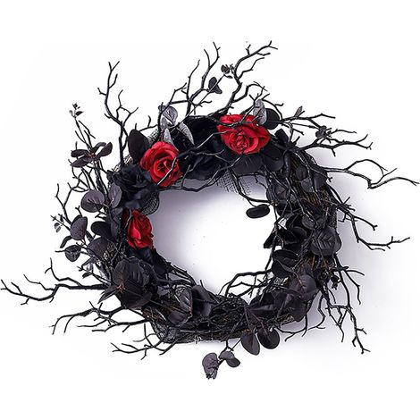 Guirlande Porte - Feuilles D'Eucalyptus Artificielles - Roses Rouges - 40 Cm - Décoration Gothique Halloween - Intérieur Extérieur - 1 Pièce (1/5)