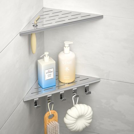 Etagere Douche Angle Lot de 2, étagère de Douche en Coin avec Crochets d'angle en Acier Inoxydable 304, Etagere Angle Salle de Bain 254mm, pour Mur carrelé, sans perçage, Polie (1/5)