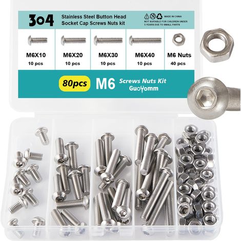 Ensemble de vis M6, 80 vis à tête lenticulaire à six pans avec écrous à tête bombée, ensemble de boulons mécaniques en acier inoxydable 304 entièrement filetés dans une boîte de combinaison (1/5)