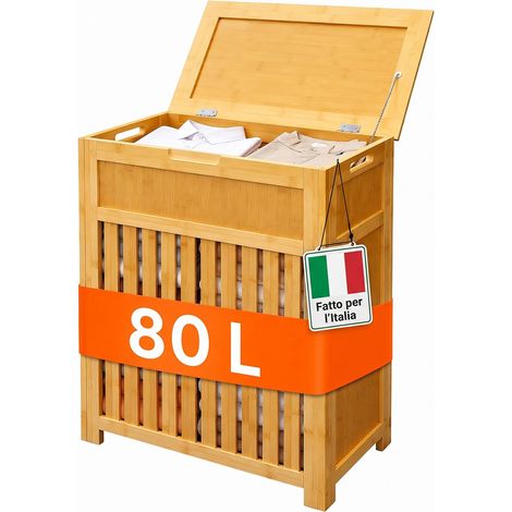 Relaxdays Cesto portabiancheria, 80 l, design a doghe, HxLxP: 62,5 x 50,5 x 28 cm, con coperchio, bambù e MDF, naturale (1/5)