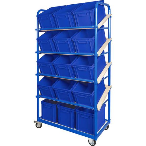 BRB Schrägboden-Regalwagen mit 5 Ebenen, bestückt mit 15 Euroboxen 400x300x235 mm (blau) (1/3)