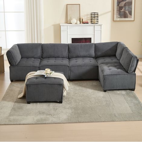 Sofá esquinero modular de 6 plazas en tela efecto pana gris HAVRYA (1/5)