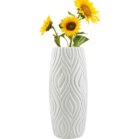 Kreative Blumenvase aus Kunststoff in Keramikoptik mit Blattmuster, moderne geometrische Keramik-Imitat-Vase für Wohnzimmer, Hochzeit, Garten, Büro, Dekoration (weiß) (1/5)