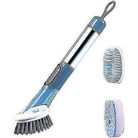 Brosse à vaisselle 3 en 1 avec manche, brosse de cuisine et récipient pour liquide vaisselle, pour laver et nettoyer les casseroles, éliminer la saleté et la graisse (bleue) (1/5)