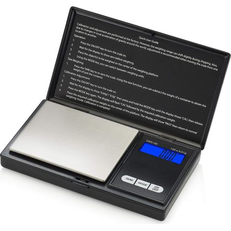 Mini balance de précision pour bijoux, capacité 100 g, incrément de 0,1 g, fonction tare, précision de 0,01 g, acier inoxydable, noire (1/3)