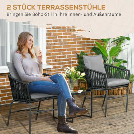 Lot de 2 fauteuils de jardin bohèmes avec coussins assise et dossier, coque confortable, structure métallique noire (1/4)