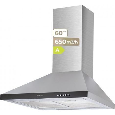 EVVO Campana Extractora 60 cm de Ancho, Potencia 650 m³/h, 3 Velocidades, Color Inox, Eficiencia Energética A (Modelo: CE21)