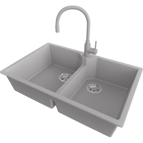 PRIMAGRAN Evier Cuisine en Granit 78x50cm,Lavabo 2 bacs + Robinet 38x14cm + Kit de Vidage, Évier à Encastrer au meuble 80cm - Madrid Twin, Gris (1/5)