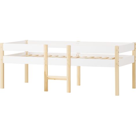 Cama infantil semialta 90 x 190 cm con barrera de seguridad, pino y MDF, blanco y madera natural (1/5)