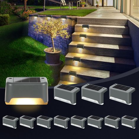 Lot de 12 Lampes Solaires pour Escaliers Extérieurs, Éclairage Extérieur Solaire, Étanche Lampes Solaires pour Clôture, Escalier, Marches, Cour (Gris, Blanc Chaud) (1/5)