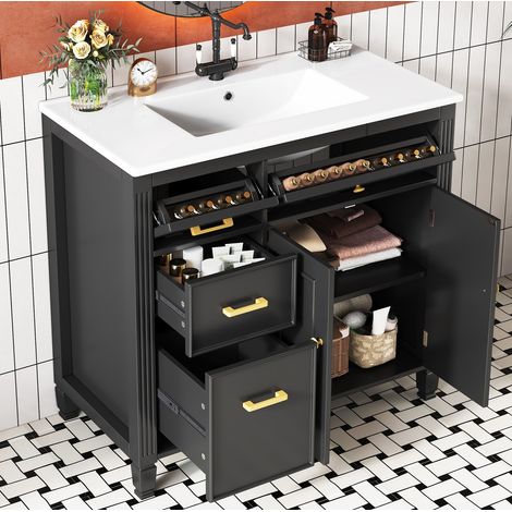 Meuble vasque sur pied avec vasque en céramique, 91 x 46,5 x 87 cm, MDF noir, OKMYHOME (1/5)