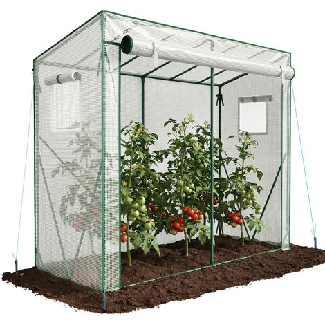 Serre de Jardin à Toit Incliné Serre à Tomate avec Grande Porte et 2 Fenêtres pour Légumes Plantes Fleurs Bâche PE Renforcée 135g/m2 Protéger Vos Plantes en Toutes Saisons 200x77x170cm Blanc (1/5)