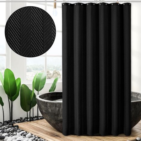Cortina de ducha negra, cortina de ducha de tela con textura de espiga en relieve 3D, decoración de baño estilo granja moderna, juego de cortina de ducha de tela suave con ganchos, 72x72 (1/5)