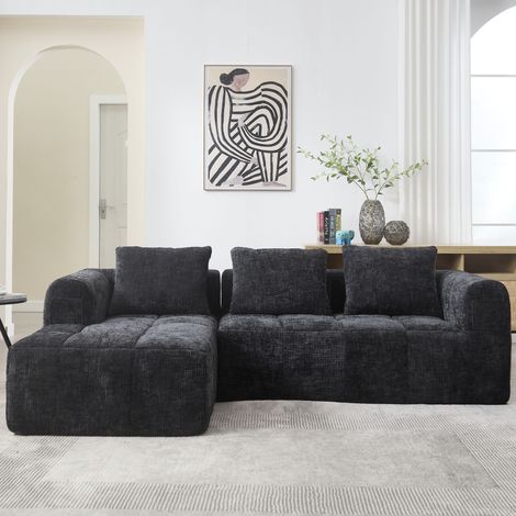 Canapé 3 places, canapé d'angle avec poches latérales et 3 coussins rembourrés, canapé sectionnel avec accoudoirs, tissu chenille, design moderne - Noir (1/5)