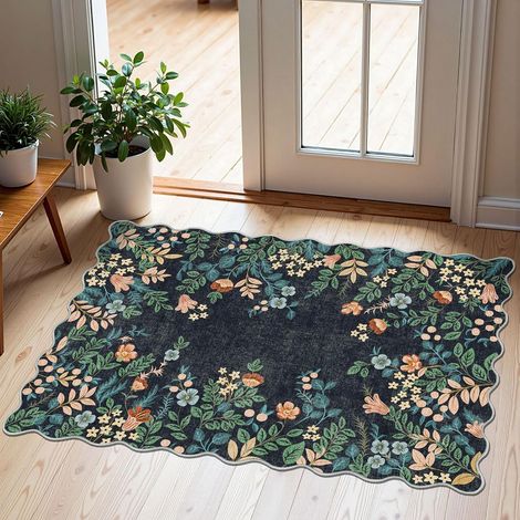 Paillasson Bohème Floral Bleu Nuit 40×60 cm, Tapis d’Entrée Lavable et Antidérapant, Intérieur Extérieur (1/5)