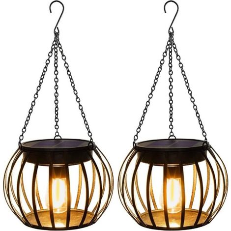 Lot de 2 appliques solaires d'extérieur, lanternes suspendues, lampes de jardin résistantes à l'eau - Forme de lanterne ronde (1/5)