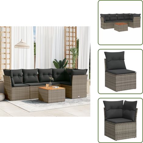 6-tlg. Garten-Sofagarnitur mit Kissen Grau Poly Rattan - Gartenmöbel Set - PE-Rattan Möbel - Outdoor Sofa - Esstisch - Lounge Set (1/5)