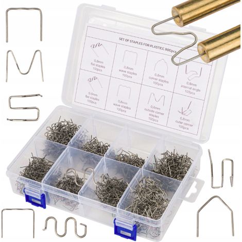 Clavos para soldadoras de plástico 800 unidades Mix Silver, variedad de tamaños, alta calidad para trabajos de soldadura plástica eficiente y duradera.