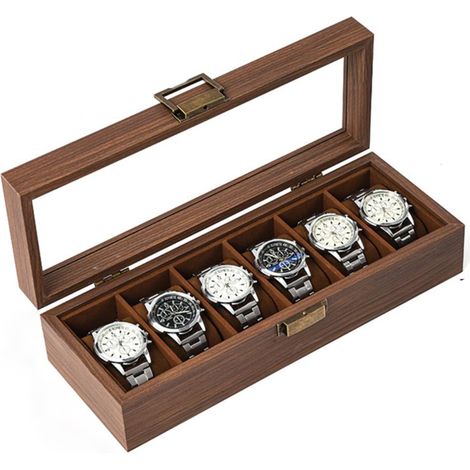 Boîte À Montres En Bois Massif - Couvercle En Verre - 6 Compartiments - Pour Collection De Montres - Noir Noix (1/5)