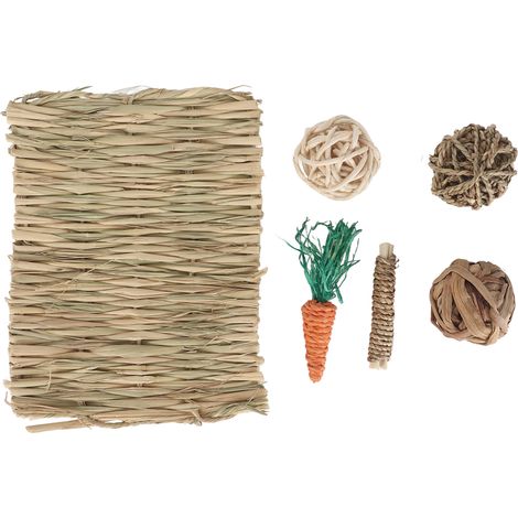 6 pièces jouets à mâcher pour rongeurs, tapis d'herbe artificielle non toxique, boules tressées et rouleaux végétaux, pour lapin, cobaye, hamster et perroquet (1/5)
