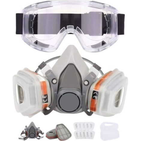 Demi-masque respiratoire, respirateur chimique réutilisable avec 10 cotons filtrants et lunettes de protection, bouchons d'oreilles et gants pour la peinture au pistolet, le gaz, la poussière, le poli (1/4)