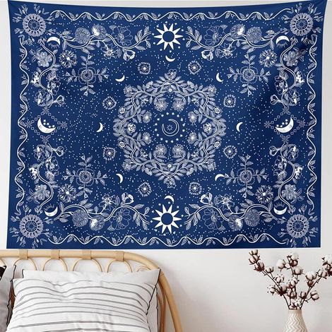 Wandteppich im böhmischen Stil - Wandteppich zum Aufhängen mit floralem Rankenmuster und Himmelssonne (dunkelblau, groß (60 x 80)) (1/5)