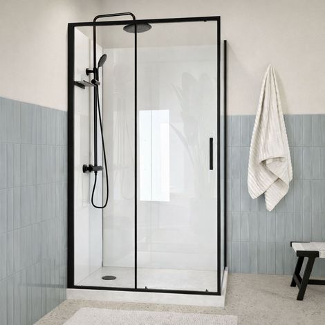 Cabina doccia 115x90 con colonna termostatica nera e piatto basso