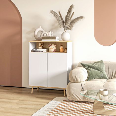 Meuble de rangement buffet sur pied scandinave placard 2 portes avec étagère intérieure blanc et aspect bois