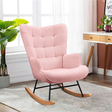 Sedia a dondolo, poltrona a dondolo scandinava, tessuto in peluche, braccioli imbottiti, schiuma ad alta densità, schienale alto, gambe in faggio naturale - Rosa