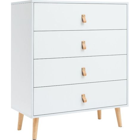 Anzio Cómoda con 4 Cajones y Patas de Madera de Pino, Blanco Mate, Medidas 80 cm, Mueble en Melamina, Diseño Moderno (1/4)