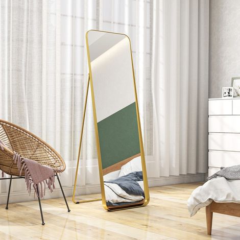 Espejo de pie, inclinable, marco de metal, MDF, 160 x 50 cm, color dorado (1/5)