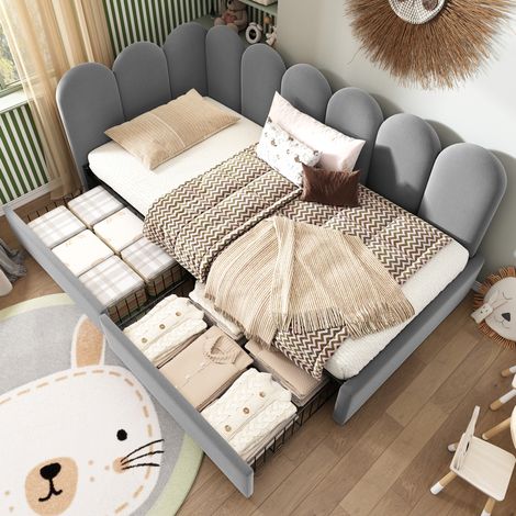 Lit de repos 90/200 cm gris en velours avec 2 tiroirs et côtés réversibles (1/5)