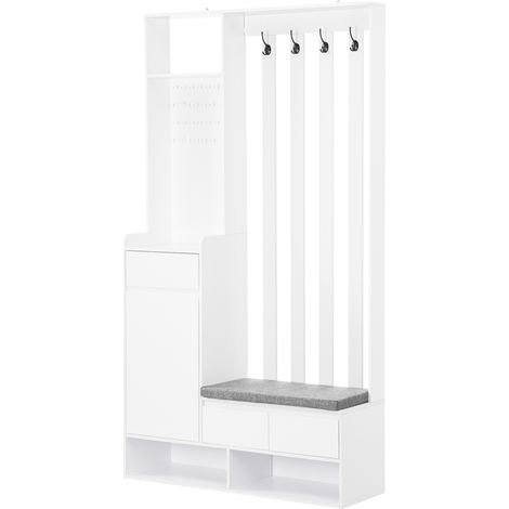 Armario recibidor con banco acolchado y panel perforado 100x35x180 cm blanco (1/5)