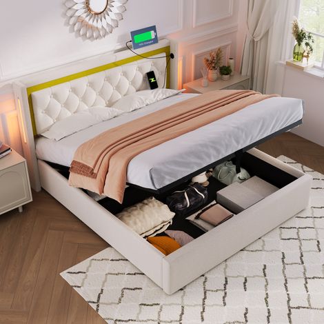 Cama doble 160x200 cm con luz LED función de almacenaje función de carga USB Tipo-C algodón beige (Sin Colchón) (1/5)