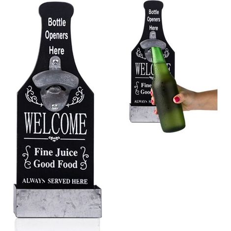 Ouvre-bouteille mural avec récipient de récupération, tire-bouchon mural pour bar, cuisine, terrasse - cadeau pour homme (Noir) (1/5)