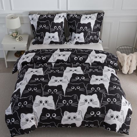 Parure de lit 3 pièces 200 x 200 cm - Motif chat noir et blanc - 1 housse de couette 200 x 200 cm et 2 taies d'oreiller 80 x 80 cm avec fermeture éclair - Doux et confortable - Pour homme (1/5)
