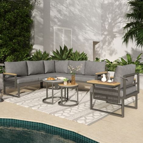 Stylish 5-6 Seater Outdoor Sofa Set with Armchair, Tempered Glass Coffee Tables, and Adjustable Trays - Grey Linen Garden Furniture