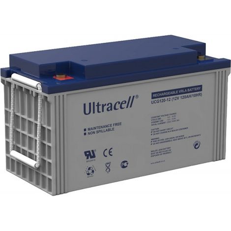 Batterie Gel 12V 120Ah UCG12012 – Technologie VRLA scellée – Pour systèmes d'énergie solaire et éolienne – Dimensions 410x175x225mm – Ultracell