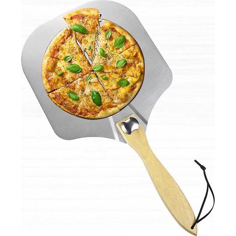 Ensemble d'outils comprenant une pelle à pizza en aluminium avec manche pliable amovible, une pelle à pizza et une pelle de transfert à manche en bois. (1/3)