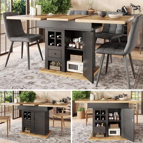 Table de salle à manger télescopique (110-140×80cm), table de cuisine pliable pour 4 à 6 personnes, table extensible, table de cuisine gain de place, pour cuisine et salon, table avec casier à vin et  (1/5)