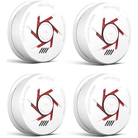 10-Year Smoke Detector with Replaceable Battery, DIN EN14604 Fire Safety Standard, Test Button and Fire Self-Test Function, 4-Piece Set (1/5)