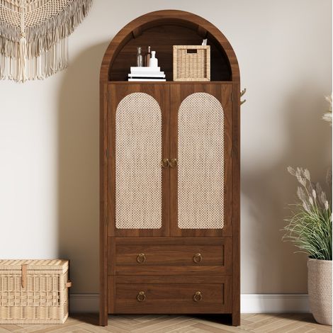 Buffet en MDF noyer avec portes en rotin, 2 tiroirs, tablettes réglables, 80 x 40 x 180 cm (1/5)